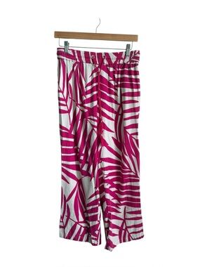 Gemma + Jane Pink Palm Print Wide Leg Linen Blend Pants Tassel Waist M